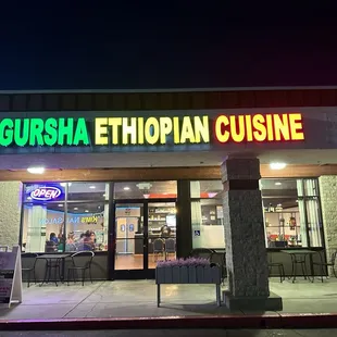 Restaurant front at night