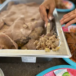 a tray of food being prepared