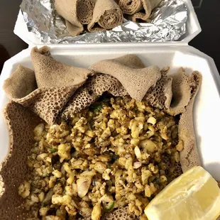 Assa dulet (chopped tilapia) comes with enjera