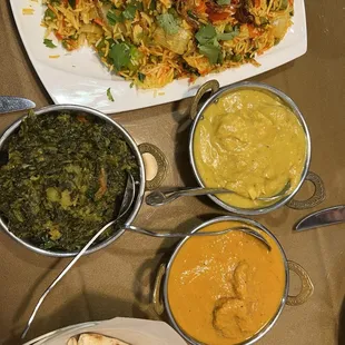 Veggie biryani, coconut chicken, aloo palak, prawn tikka masala &amp; onion naan