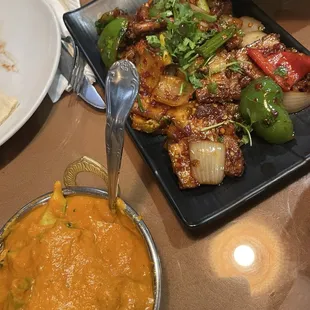 Broccoli tikka masala (do not recommend) and the stir fry pork thingy