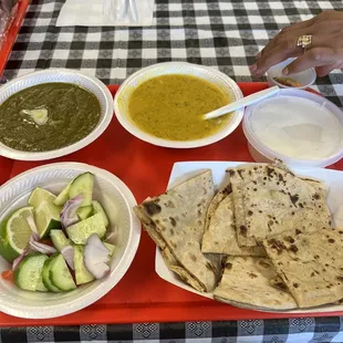 Thali with Saag, Dal Tadka, roti, Dahi, salad