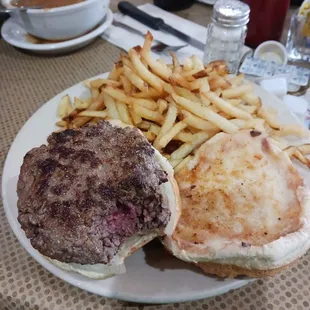 French fries and hamburger.