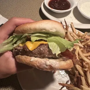 Close up of my greek burger, with fries