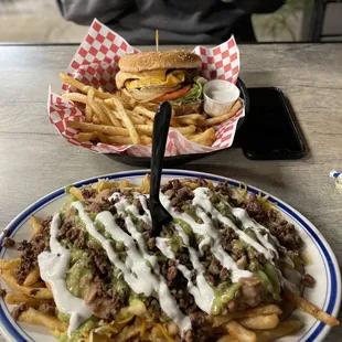 Carne Asada Fries and Double Cheeseburger
