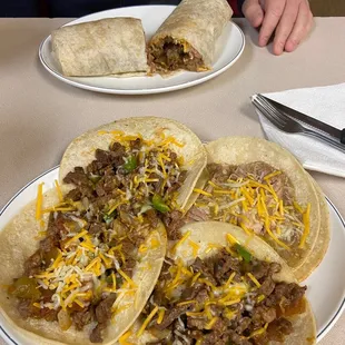 Tacos and asada burrito