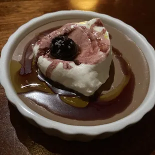 Chocolate mousse with whiskey cherries.