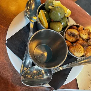 Spiced corn nuts and olives!