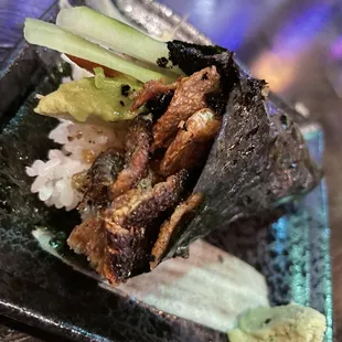 Salmon skin hand roll.