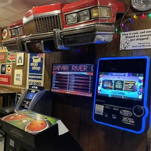 an arcade machine and a car