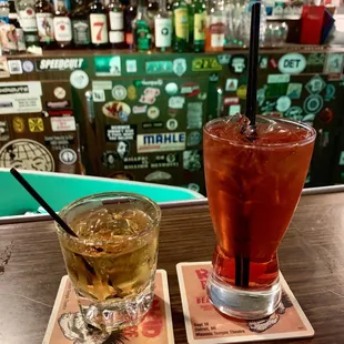 Maker&apos;s Mark on the rocks, and Dirty Shirley temple
