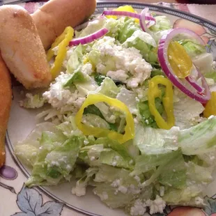 A great Greek salad and tasty breadsticks!