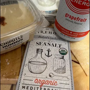 Left: Chipotle Hummus.  Center: Mediterranean Baked Crackers w/Sea Salt.  Right: Hi-Ball Energy Beverage, Grapefruit Flavor.