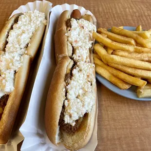 two hot dogs and french fries