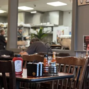 Gus&apos;s Diner inside table, blurry kitchen