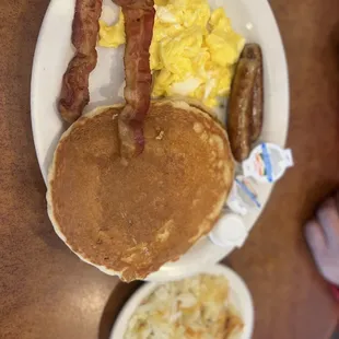 pancakes, eggs, bacon, and sausage