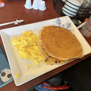 Chocolate chip pancake and a side of scrambled eggs