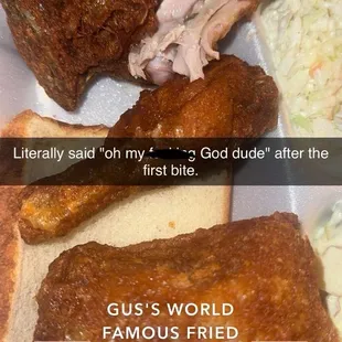 3 piece dark plate with cole slaw and potato salad.