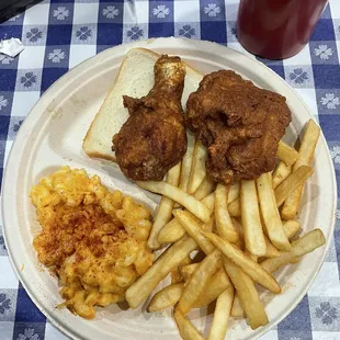 Two piece with Mac and cheese and fries