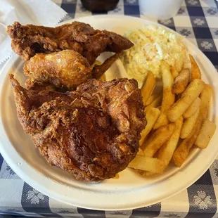 Three piece white, fries and coleslaw.