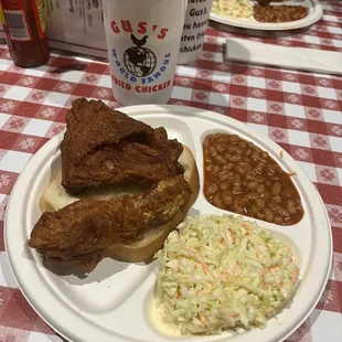 Two piece dark meat. Coleslaw. Beans.