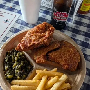 3 piece combo plate with greens and fries