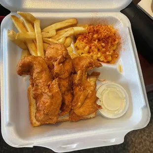 Tenders with fries and Mac and cheese