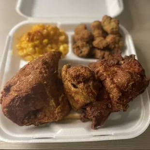 Three piece white with mac &amp; cheese and okra