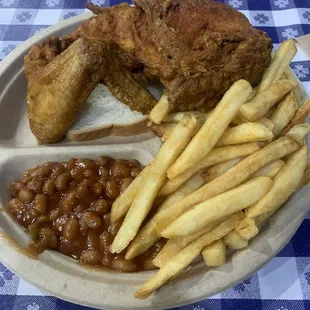 2 Piece White with French fries, and baked beans