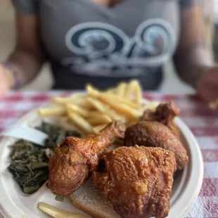 Chicken, greens and fries
