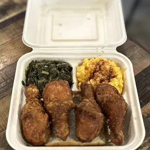 MEMPHIS MIDDAY Special: 4 legs, white bread, sub. w/collard greens + mac &amp; cheese | $12 + $0.50 + $0.50 (M-Th. 2pm-5pm)