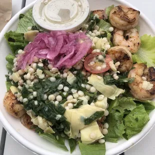 Tzatziki Lemon Artichoke with shrimp and mixed greens