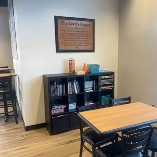 They have a kid&apos;s corner with games, books, etc! So cute!