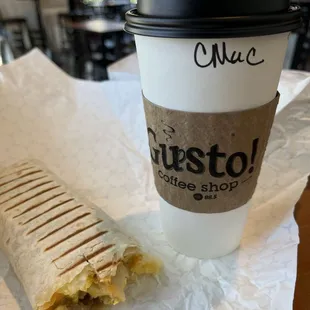 Sausage breakfast burrito and Carmel Macchiato