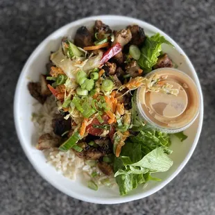 Ginger lime peanut 1/2 &amp; 1/2 (salad greens and brown rice) bowl w/ spicy grilled chicken