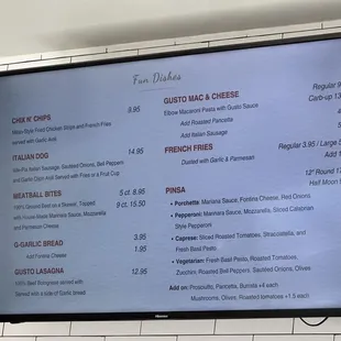 Menu of "Fun Dishes," which is a mishmash of things.