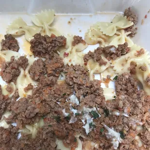 Bow tie bolognese. Awful. Dog food.