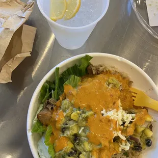 Chipotle Mango Avocado bowl with 1/2 salad and 1/2 rice and grilled chicken