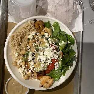 Tahini Cucumber Feta with grilled shrimp 1/2 brown rice 1/2 greens