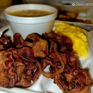 Bacon, eggs, and cheese grits