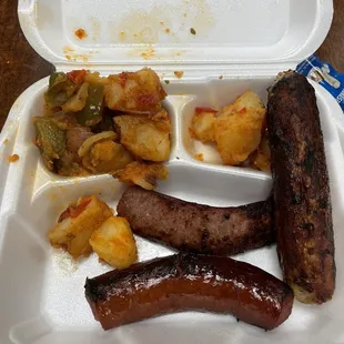 Smoked sausage, chicken sausage, potatoes