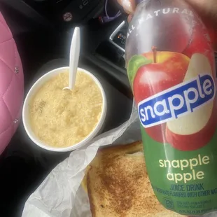 Cheese grits,turkey Bacon, Egg &amp; Cheese Sandwich with Snapple apple to wash it all down so good