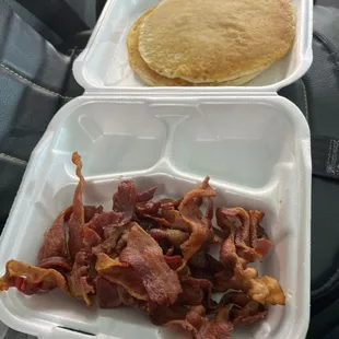 2 huge pancakes and a side of bacon