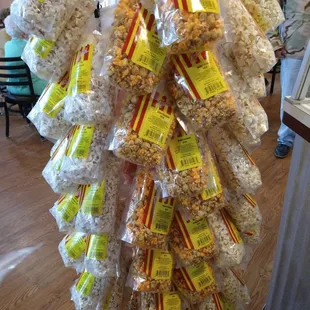a display of bags of popcorn