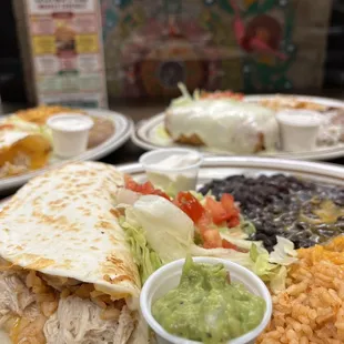 chicken burrito, rice, and guacamole