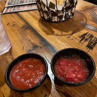 Chips and salsa. One is mild tomato sauce with a kick and the other is more like salsa with some great flavors.