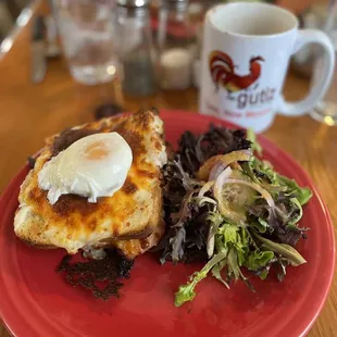 Croque Madame with side of greens. Fantastic!