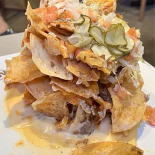 Cheeseburger nachos, great flavor but no sauces for dipping, lukewarm