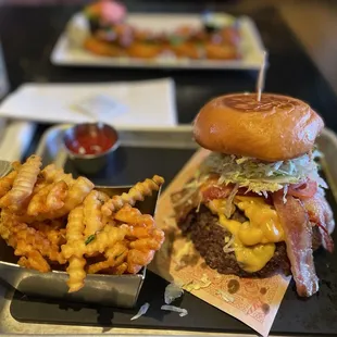 Bacon macaroni burger and fries.