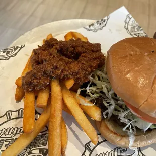 Fries, burger, chili